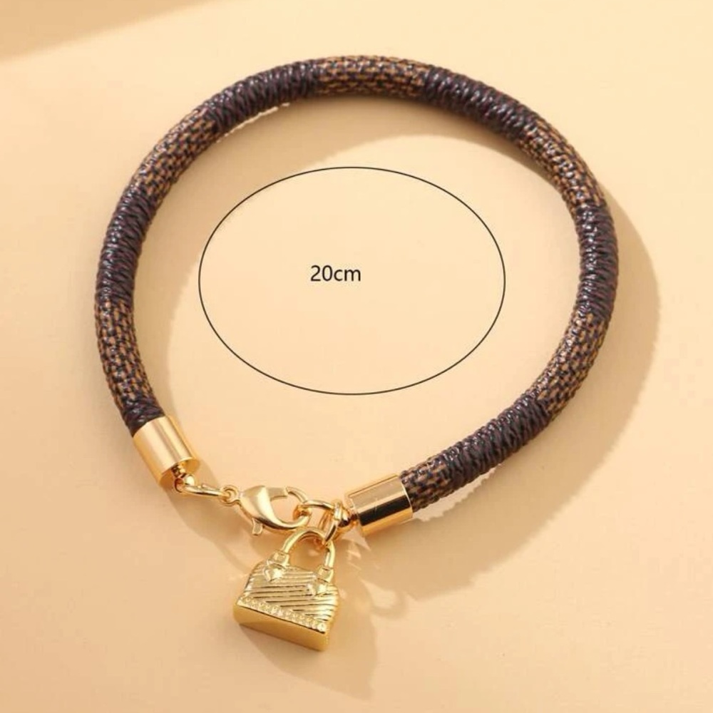 Designer Inspired Brown Checkered Gold Plated Bag Purse Charm Clasp Bracelet - Picture 3 of 10